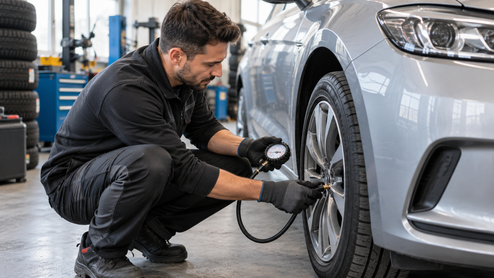 Tecnico controlla con un manometro la pressione della ruota anteriore di un’auto grigia in officina