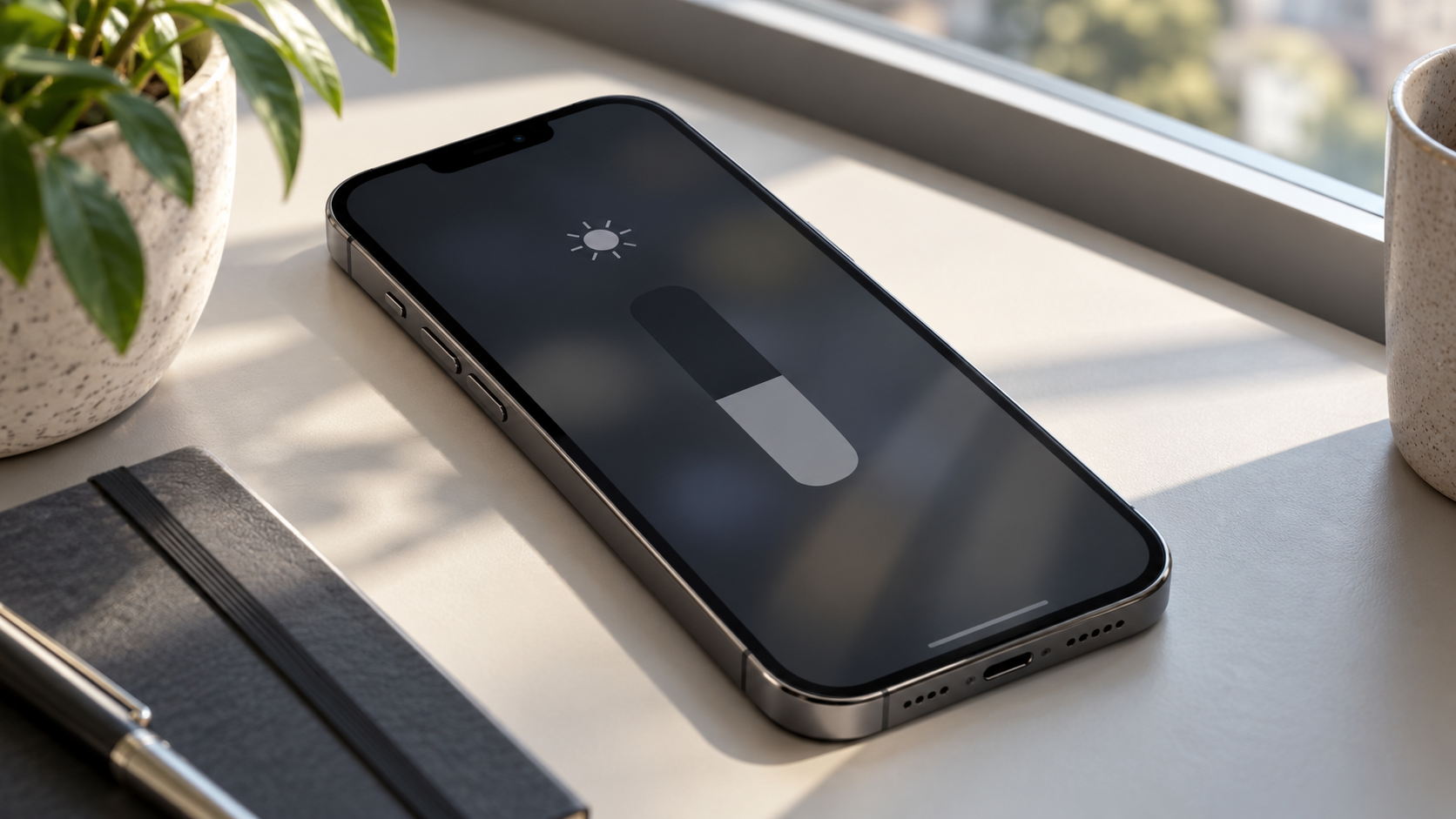 Smartphone con schermo attenuato e cursore della luminosità su una scrivania accanto alla finestra